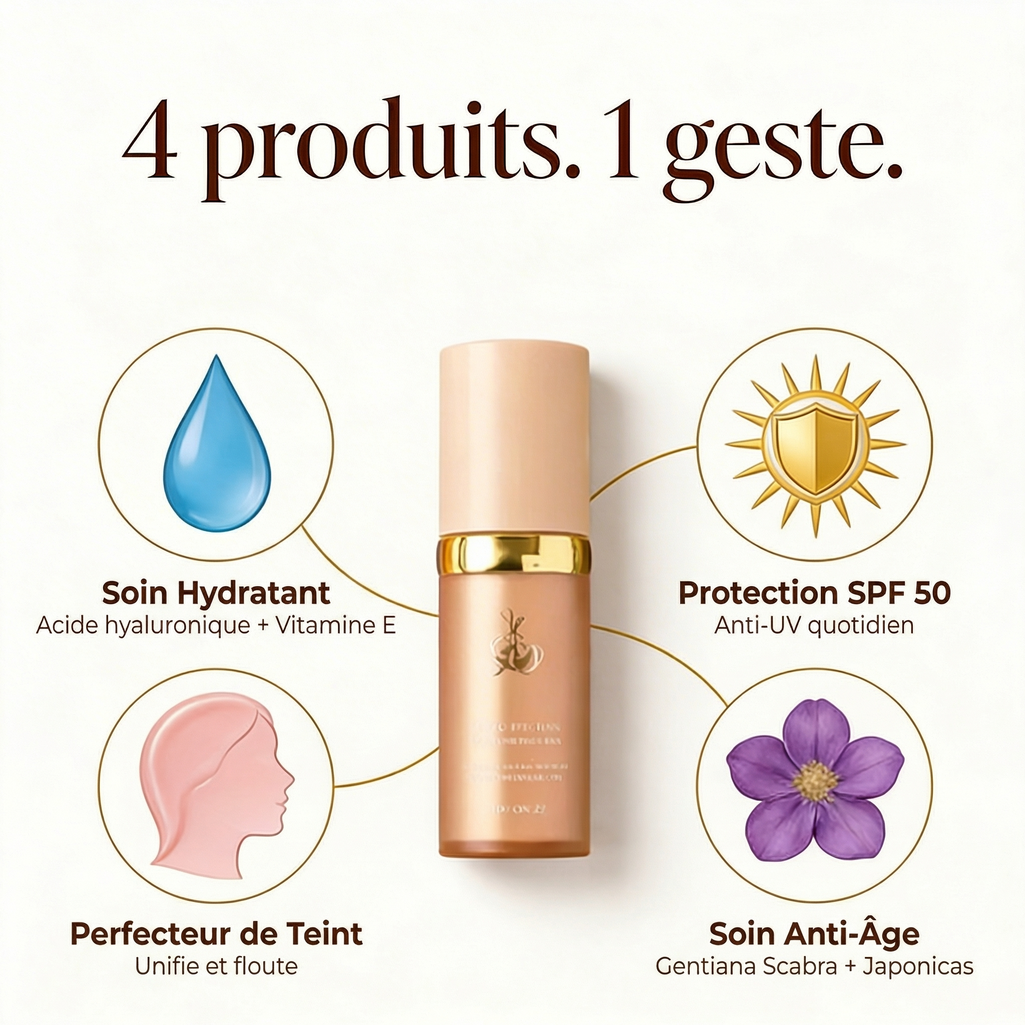 Infographie 4-en-1 : Soin hydratant, SPF 50, Perfecteur de teint, Anti-âge